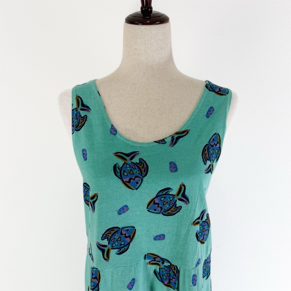 VTG Zip Code Dress Womens XL Green Fish Print Maxi 100% Cotton 90s Retro Beachy - Picture 2 of 8